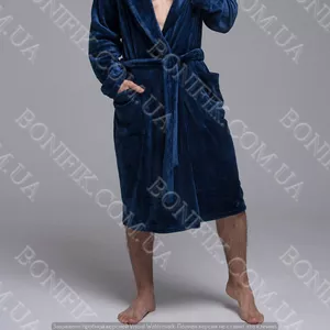 Чоловічий синій халат велсофт з поясом (90055) (арт. 1202)