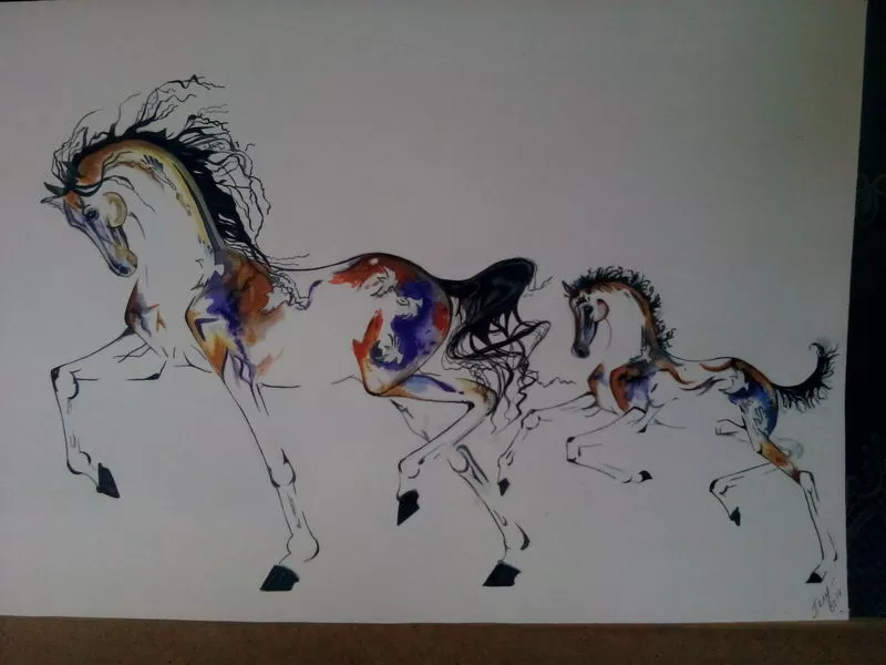 Картина   Лошадь с жеребенком     Акварель 3