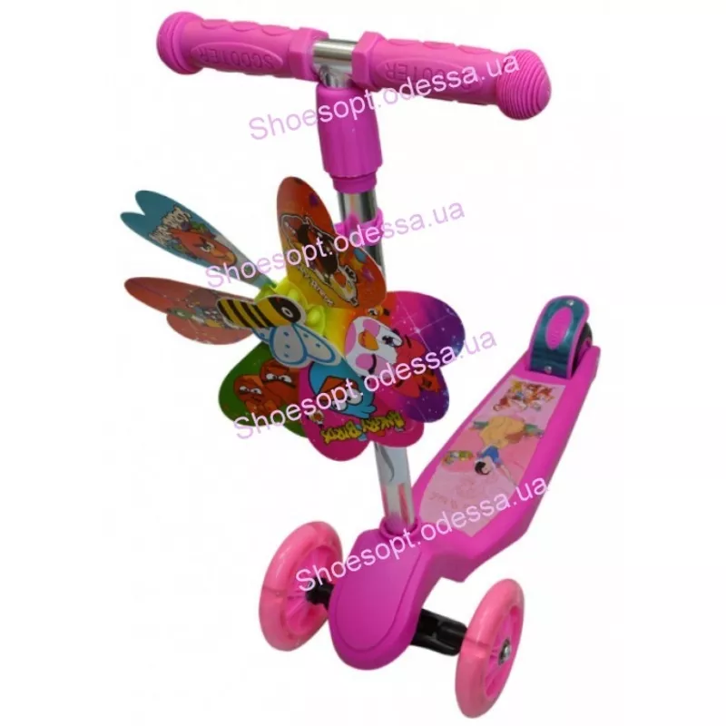 Самокат детский трехколесный с ветрячком голубой,  розовый  колеса свет 2