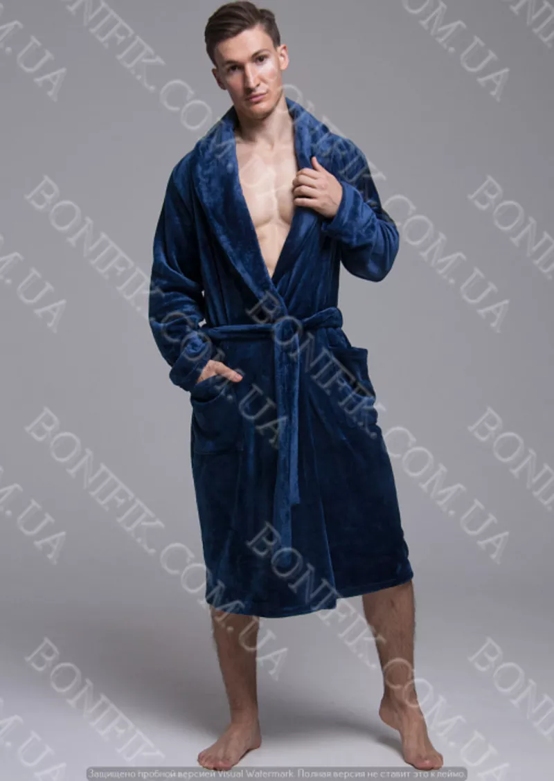Чоловічий синій халат велсофт з поясом (90055) (арт. 1202)