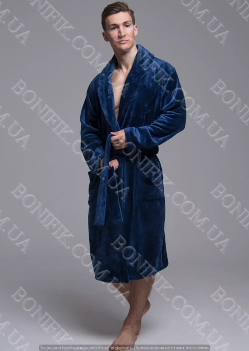 Чоловічий синій халат велсофт з поясом (90055) (арт. 1202) 3