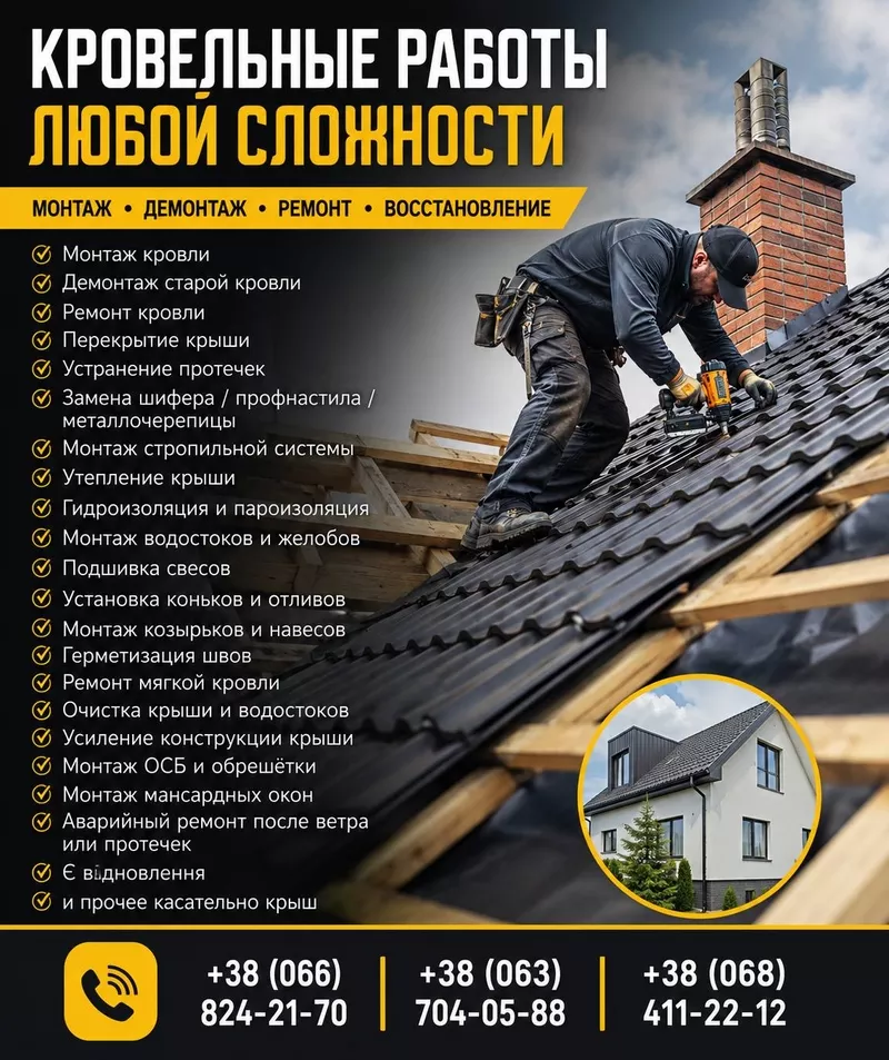 Кровельные работы любой сложности — монтаж,  ремонт