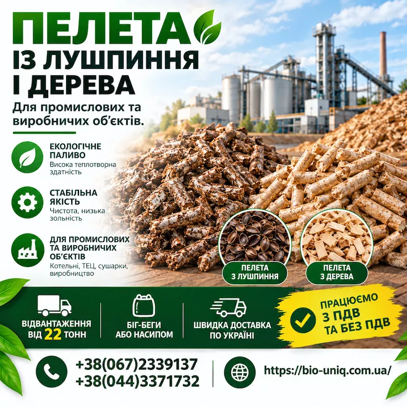 Пелети із Лушпиння і пелети з Дерева. Доставка